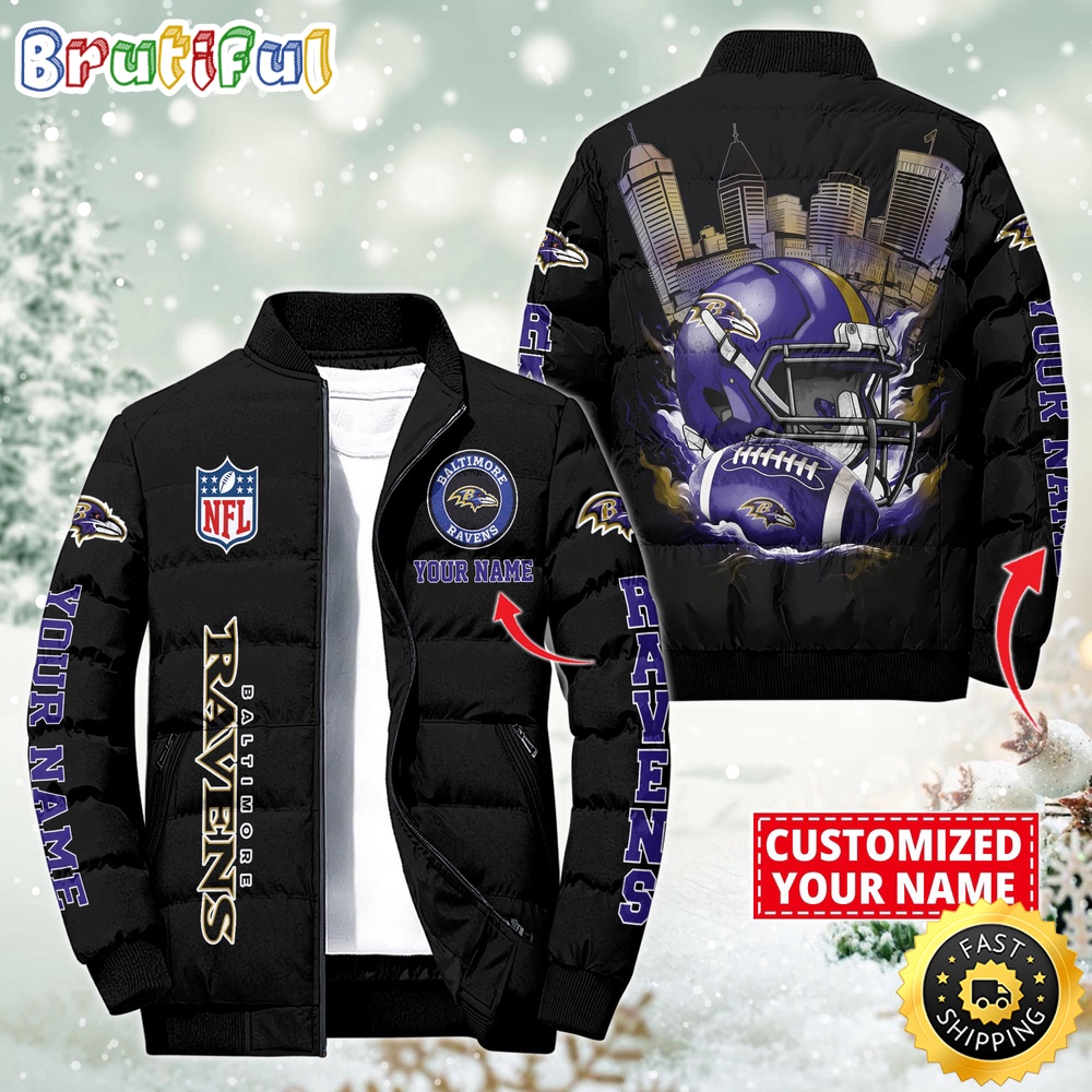 NFL Baltimore Ravens Puffer Jacket City Logo Print Jacket For Fans