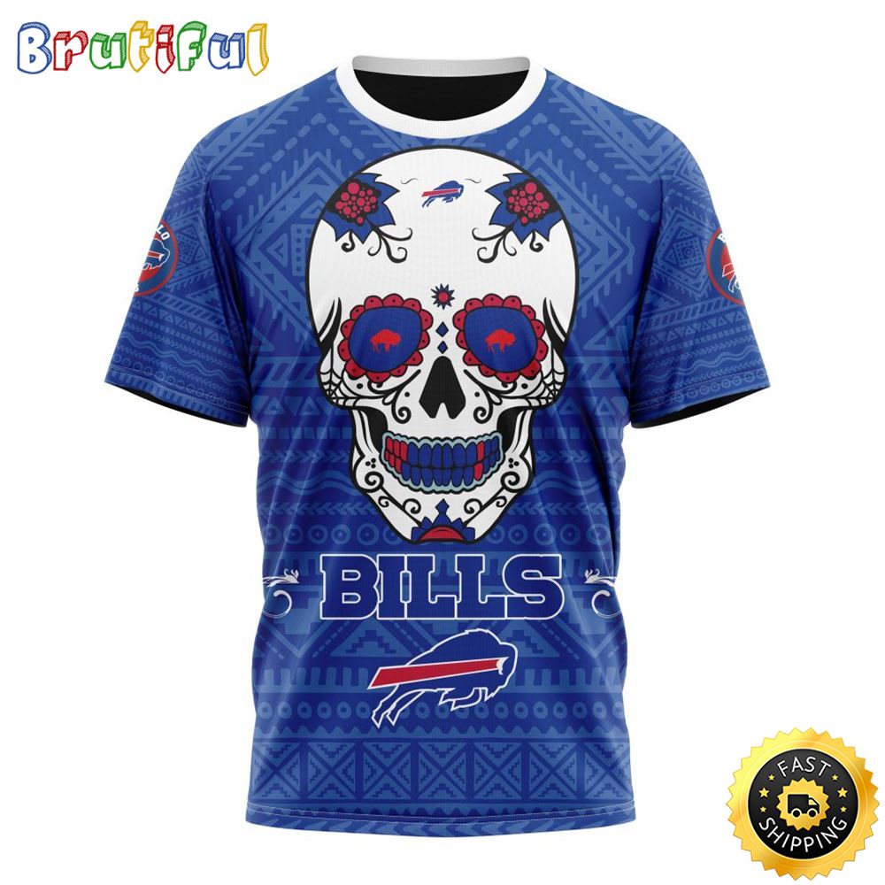 NFL Buffalo Bills All Over Print 3D T Shirt Specialized Kits For Dia De Muertos Show Your Team Spirit