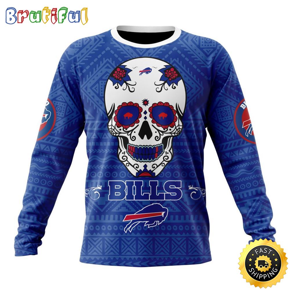 NFL Buffalo Bills Crewneck Sweatshirt Specialized Kits For Dia De Muertos Show Your Team Spirit