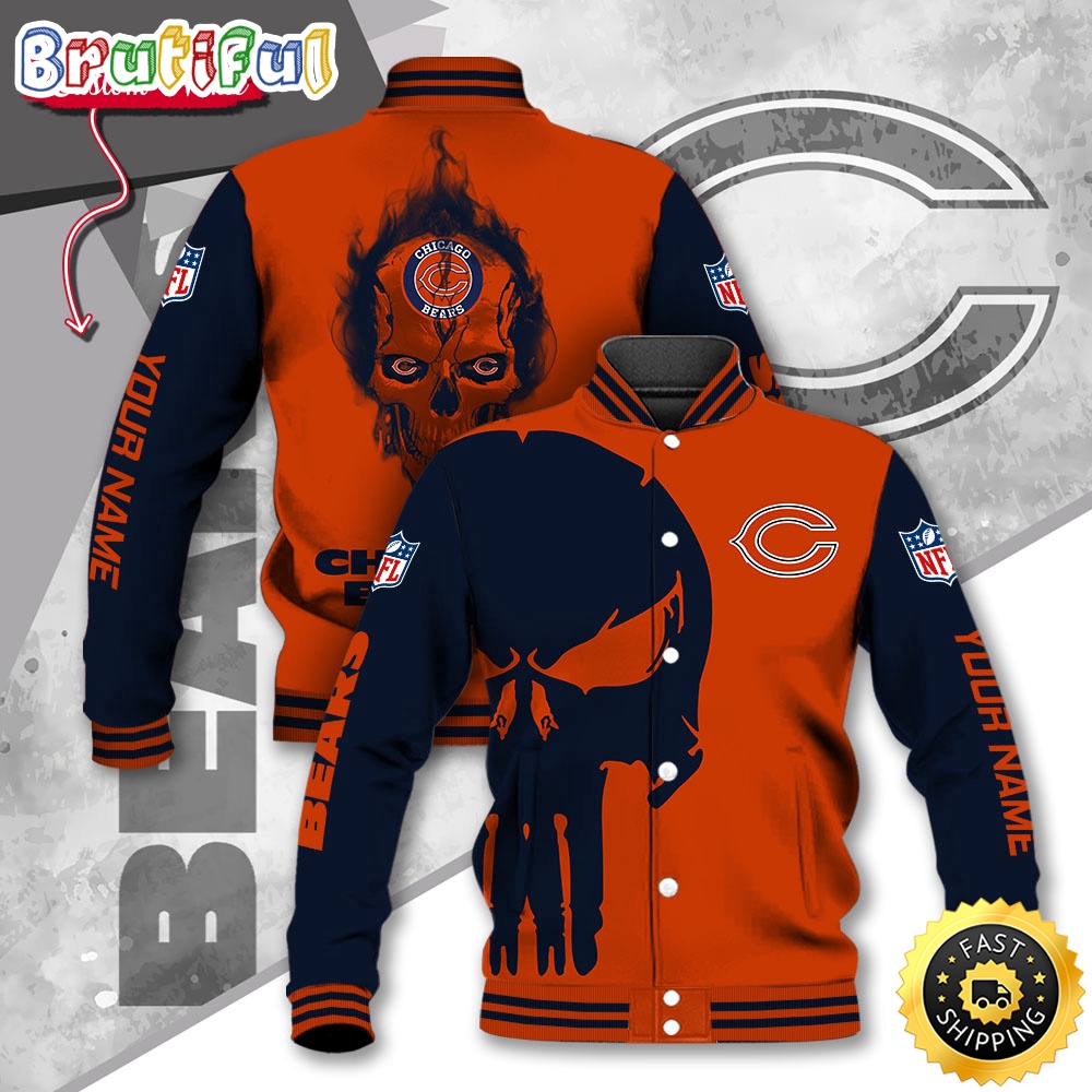 NFL Chicago Bears Baseball Jacket Skull Print Jacket