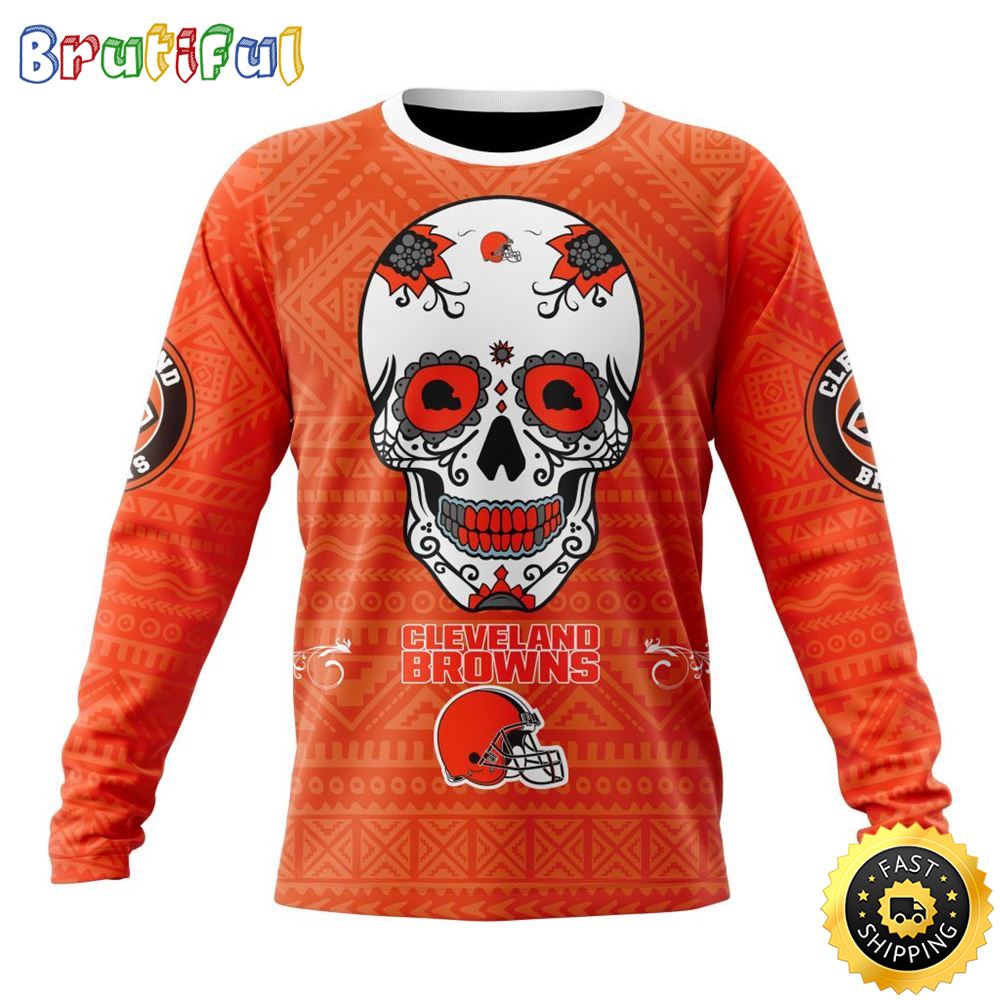 NFL Cleveland Browns Crewneck Sweatshirt Specialized Kits For Dia De Muertos Show Your Team Spirit
