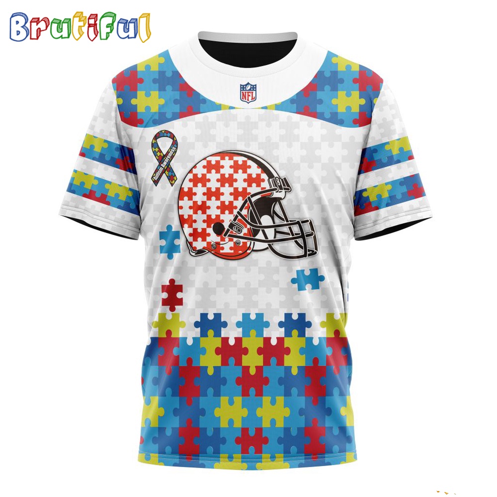 NFL Cleveland Browns T-Shirt Special Autism Awareness Design 3D T-Shirt