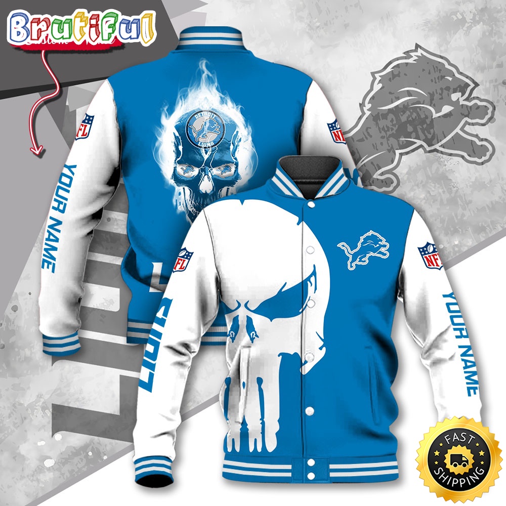 NFL Detroit Lions Baseball Jacket Skull Print Jacket