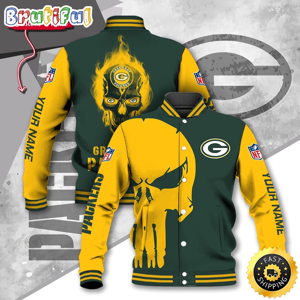 NFL Green Bay Packers Baseball Jacket Skull Print Jacket