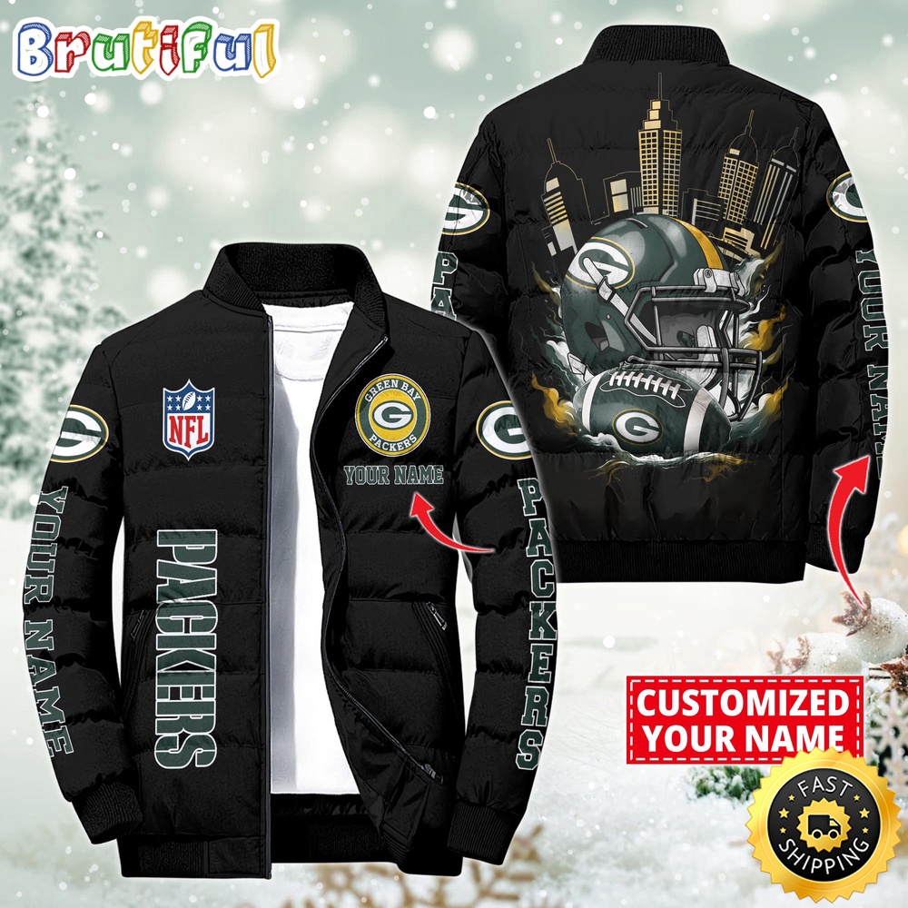 NFL Green Bay Packers Puffer Jacket City Logo Print Jacket For Fans