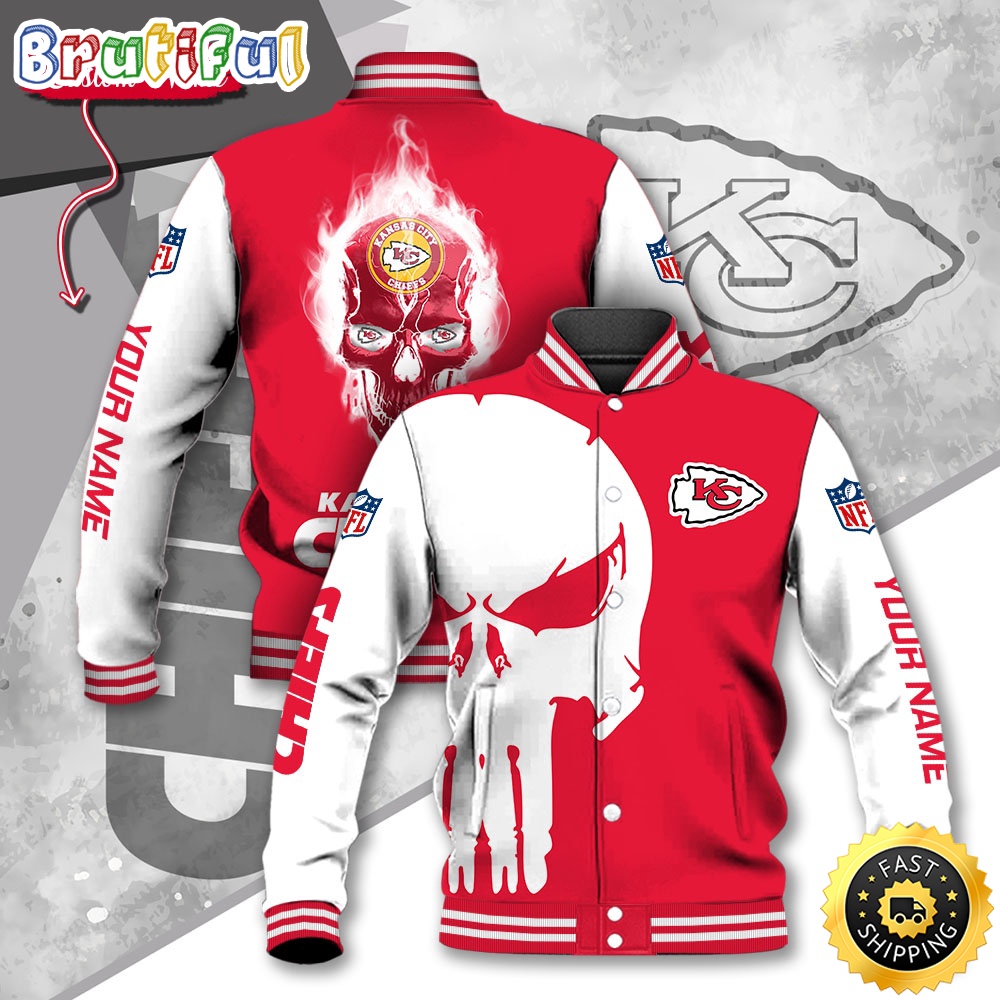 NFL Kansas City Chiefs Baseball Jacket Skull Print Jacket