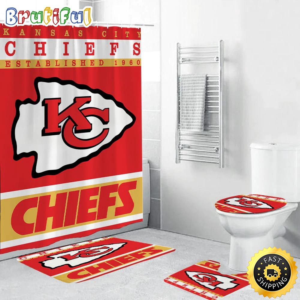 NFL Kansas City Chiefs Flag Shower Curtain Football Bathroom Mat Set and Shower Curtain