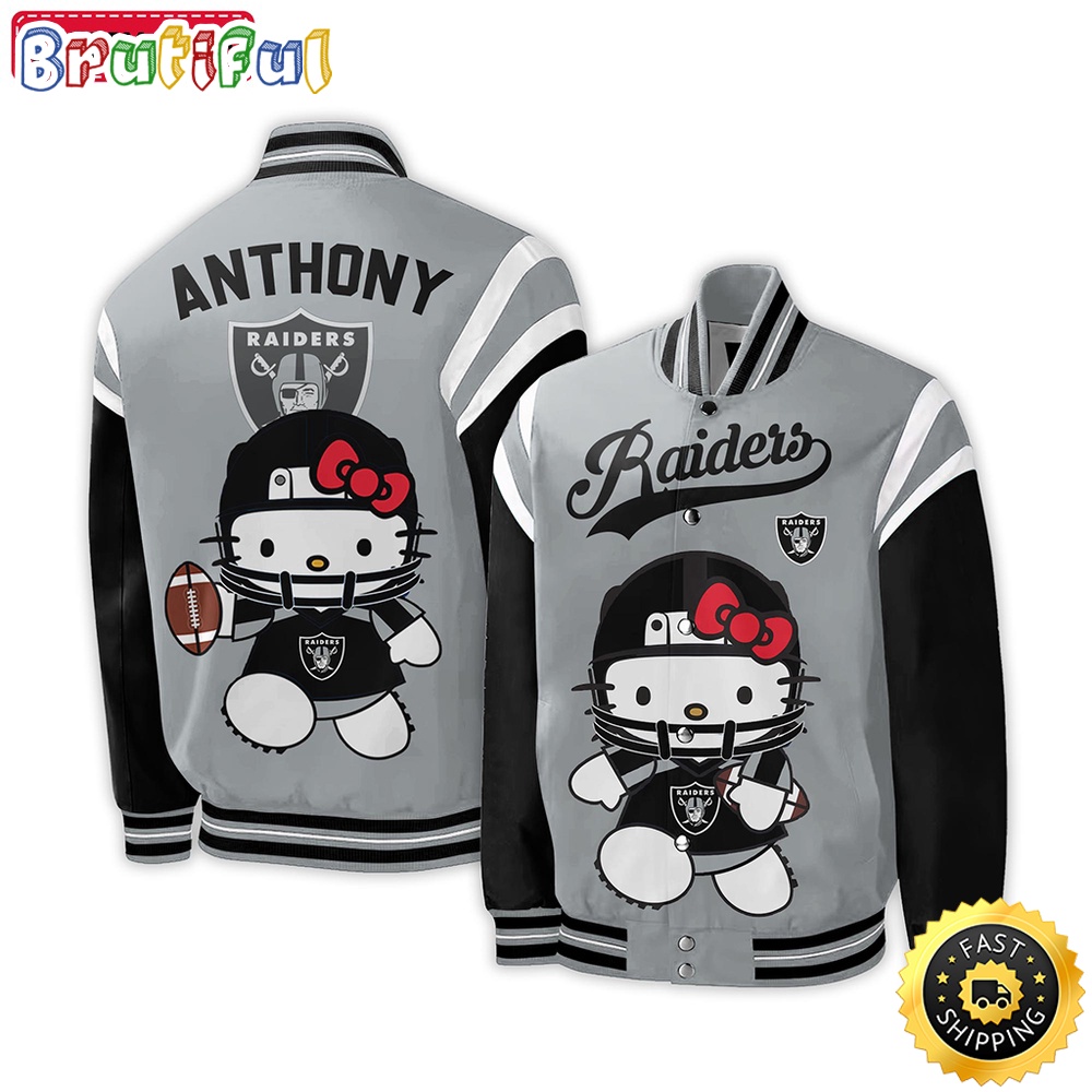 NFL Las Vegas Raiders Baseball Jacket Hello Kitty Personalized Baseball Jacket