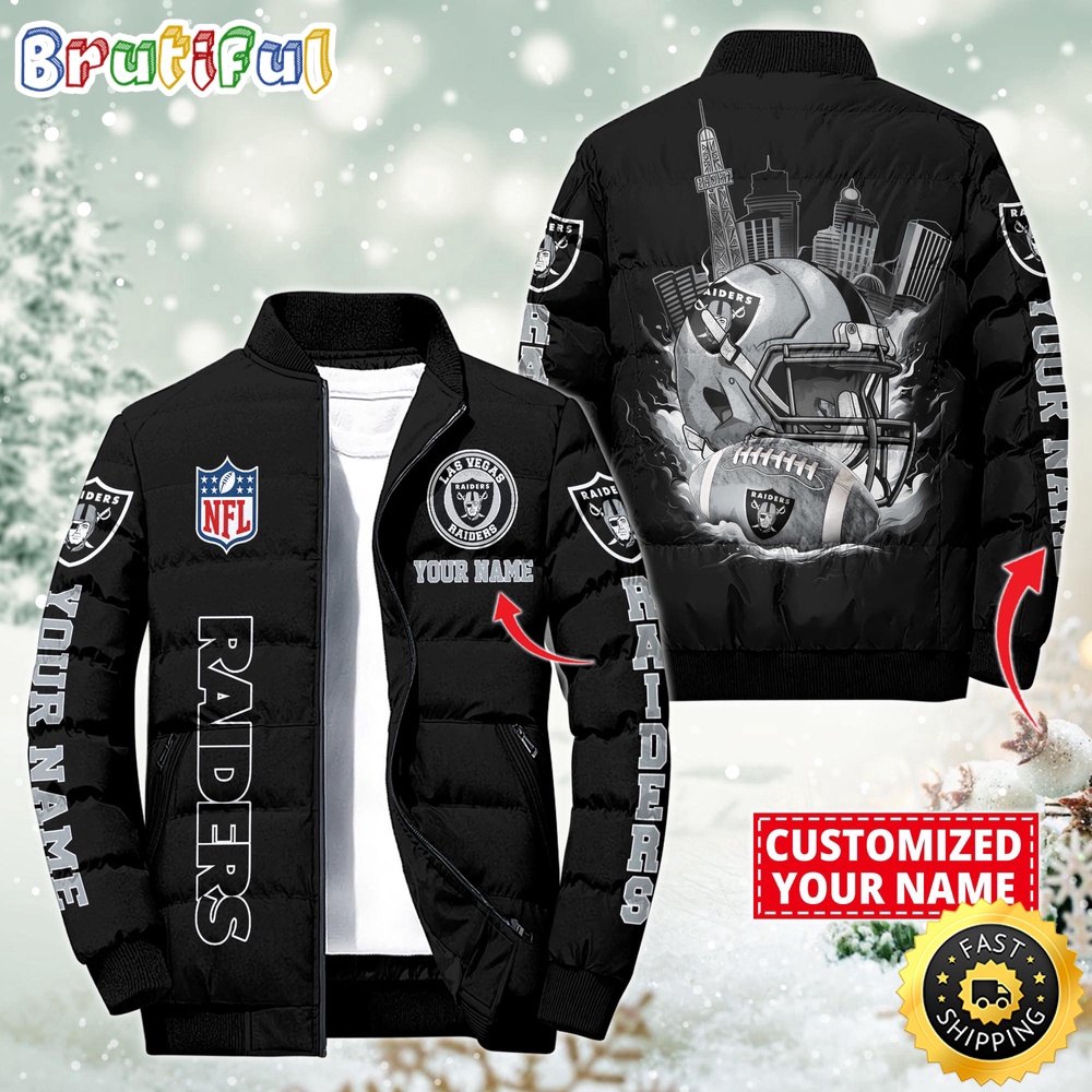NFL Las Vegas Raiders Puffer Jacket City Logo Print Jacket For Fans