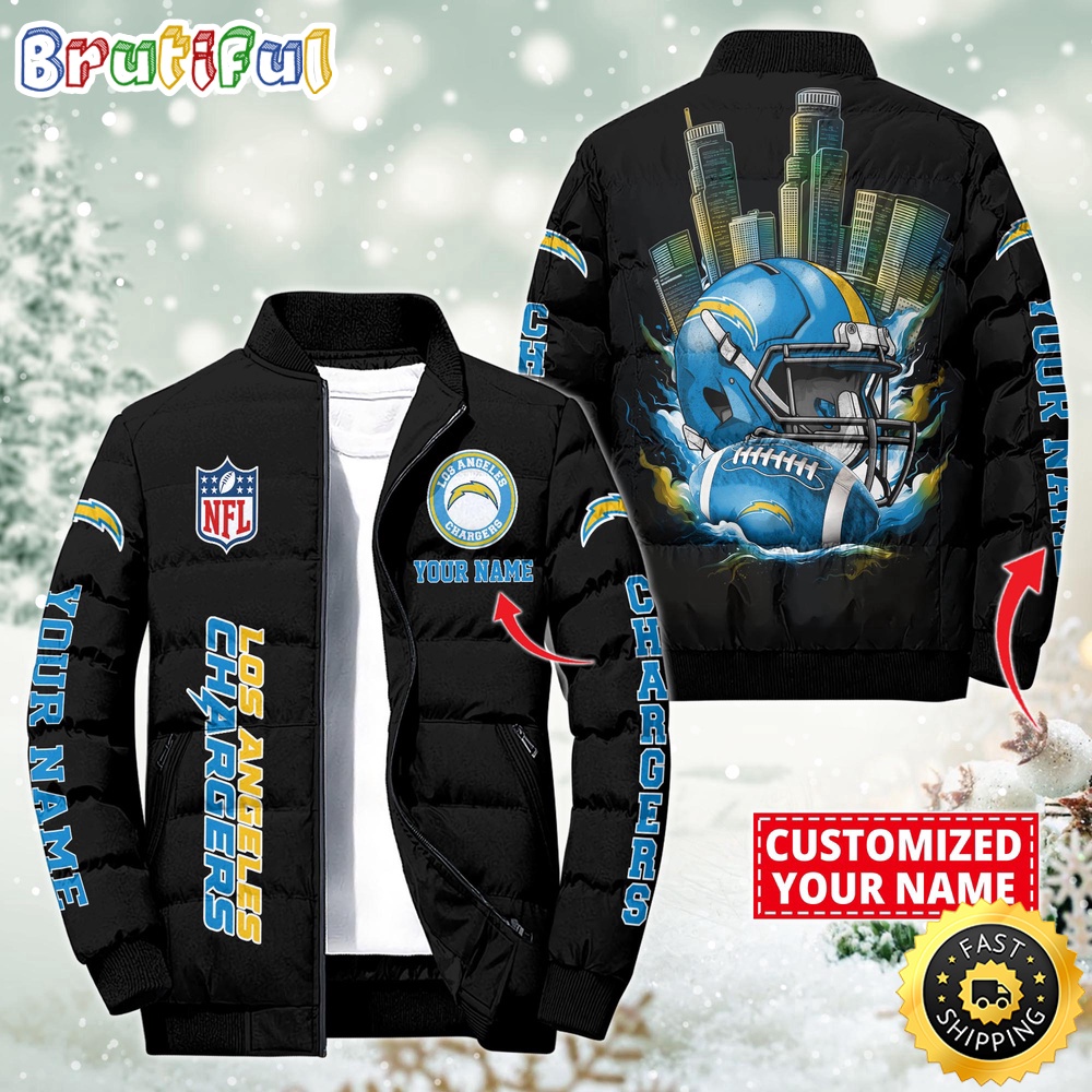 NFL Los Angeles Chargers Puffer Jacket City Logo Print Jacket For Fans