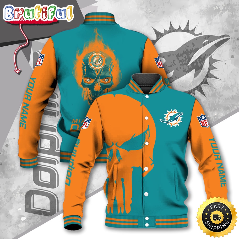 NFL Miami Dolphins Baseball Jacket Skull Print Jacket