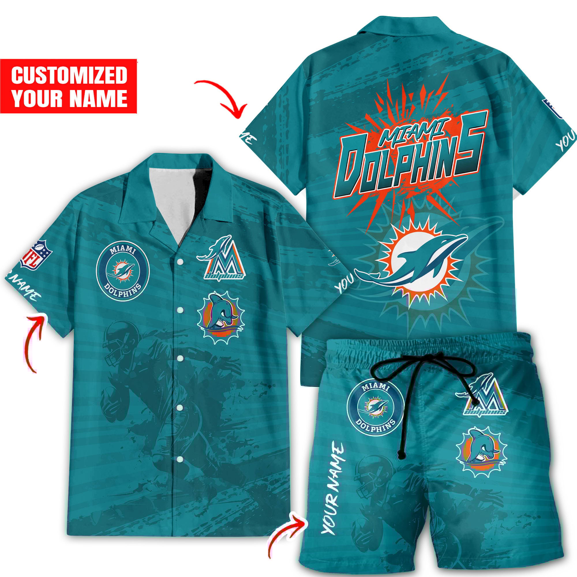 NFL Miami Dolphins Combo Hawaiian Shirt And Shorts, Football Summer Beach Hawaiian Sets