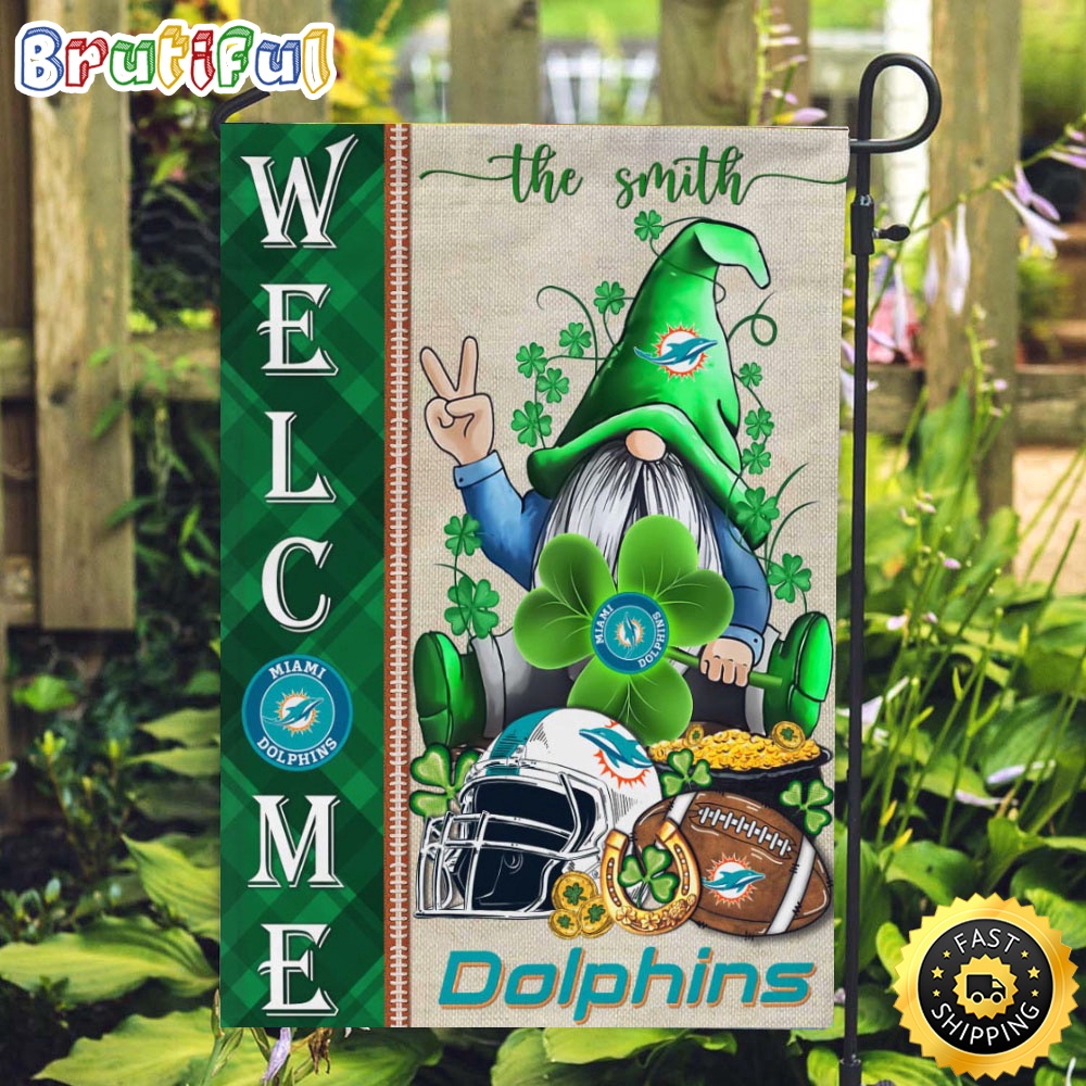 NFL Miami Dolphins Garden Flag St Patricks Day Gnome Shamrock Welcome Garden Flag