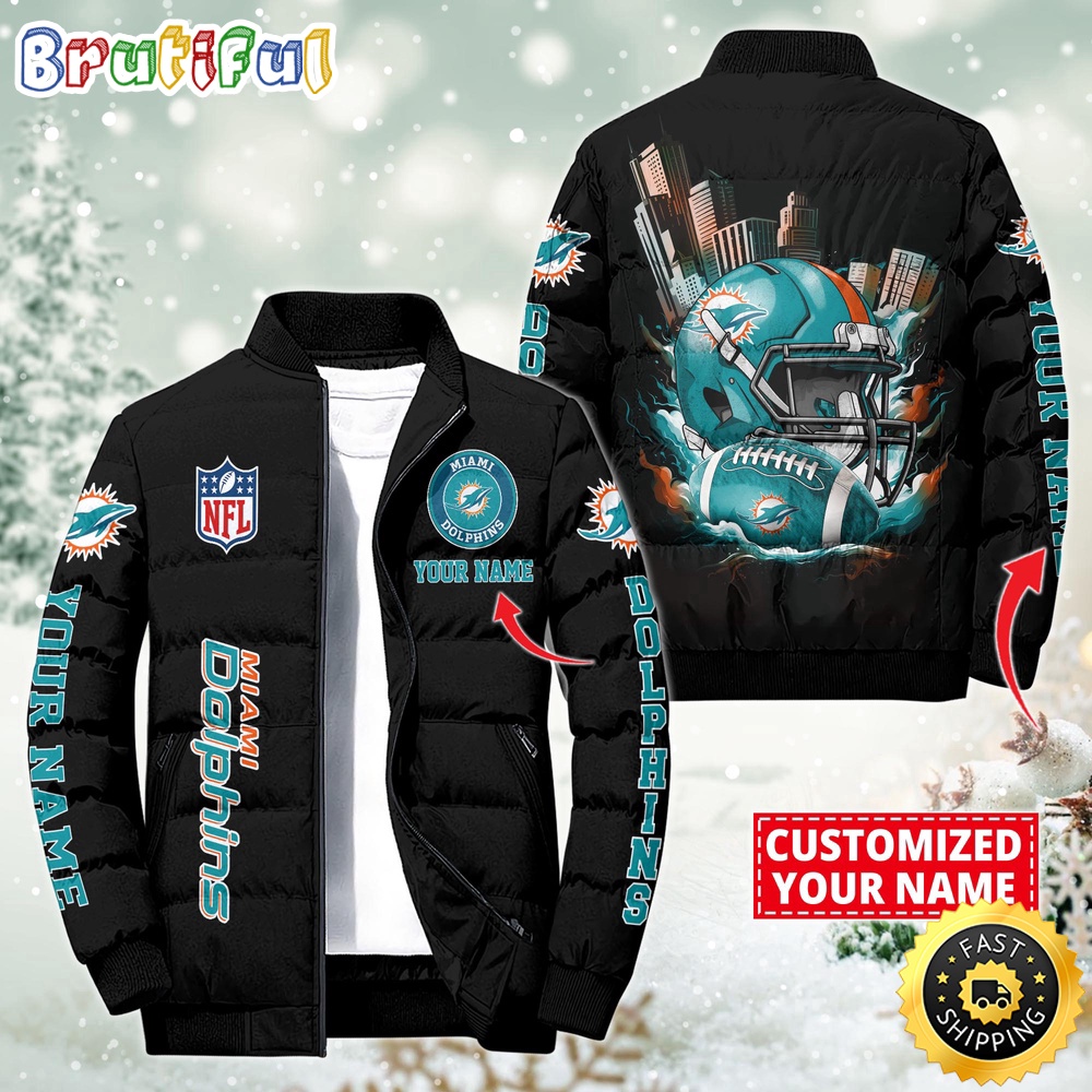 NFL Miami Dolphins Puffer Jacket City Logo Print Jacket For Fans