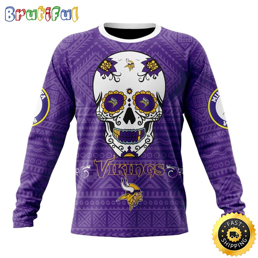 NFL Minnesota Vikings Crewneck Sweatshirt Specialized Kits For Dia De Muertos Show Your Team Spirit