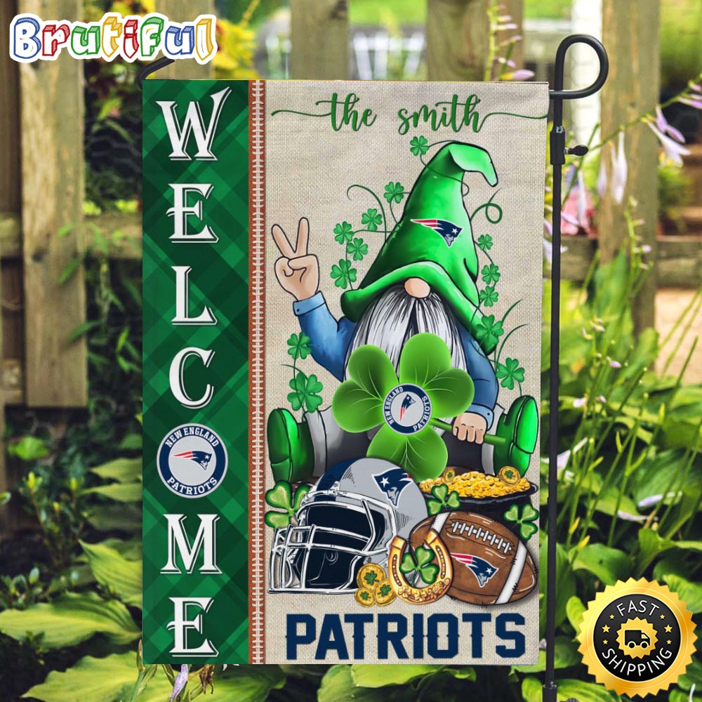 NFL New England Patriots Garden Flag St Patricks Day Gnome Shamrock Welcome Garden Flag