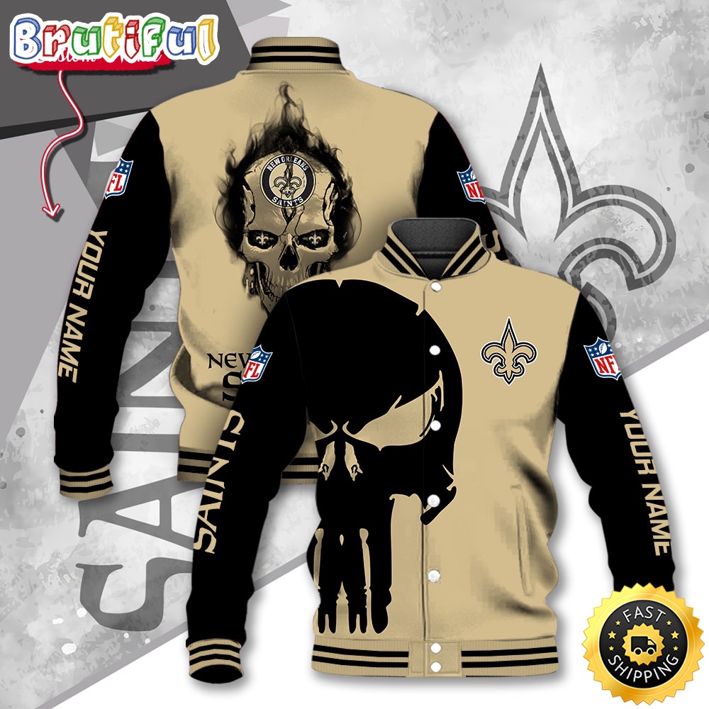 NFL New Orleans Saints Baseball Jacket Skull Print Jacket