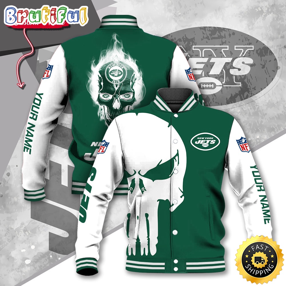 NFL New York Jets Baseball Jacket Skull Print Jacket