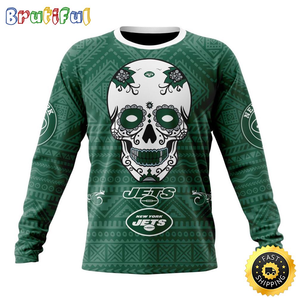 NFL New York Jets Crewneck Sweatshirt Specialized Kits For Dia De Muertos Show Your Team Spirit