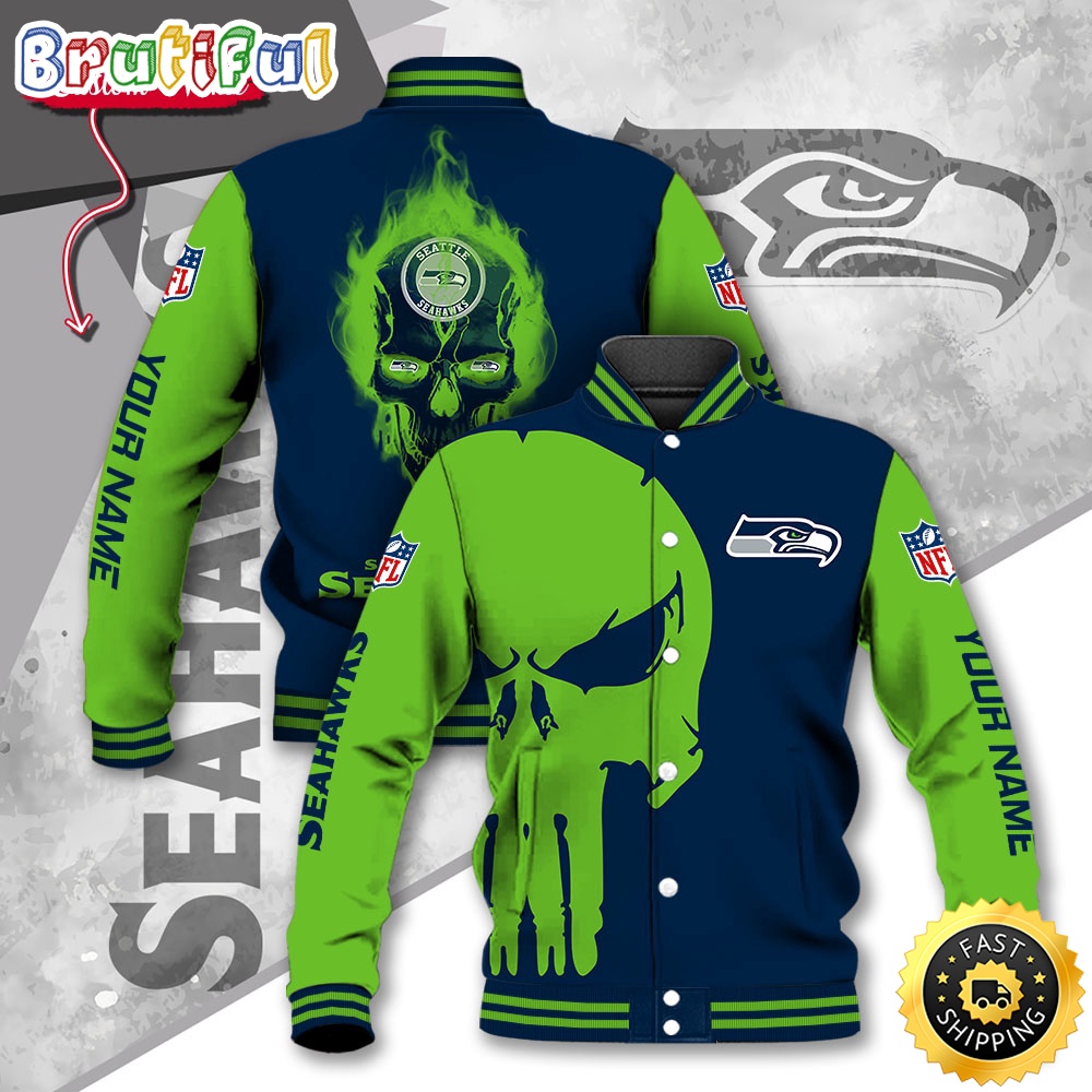 NFL Seattle Seahawks Baseball Jacket Skull Print Jacket