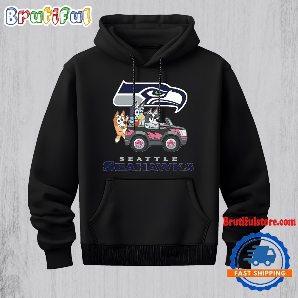 NFL Seattle Seahawks  Special Bluey Bingo And Muffin In The Car Hoodie, Football Bluey 2D Shirt