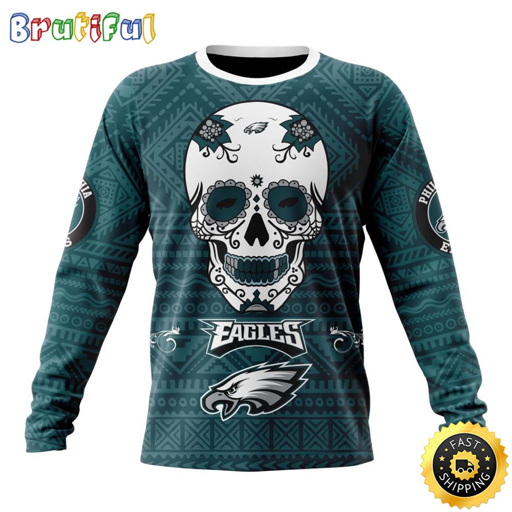 NFL Philadelphia Eagles Crewneck Sweatshirt Specialized Kits For Dia De Muertos Show Your Team Spirit