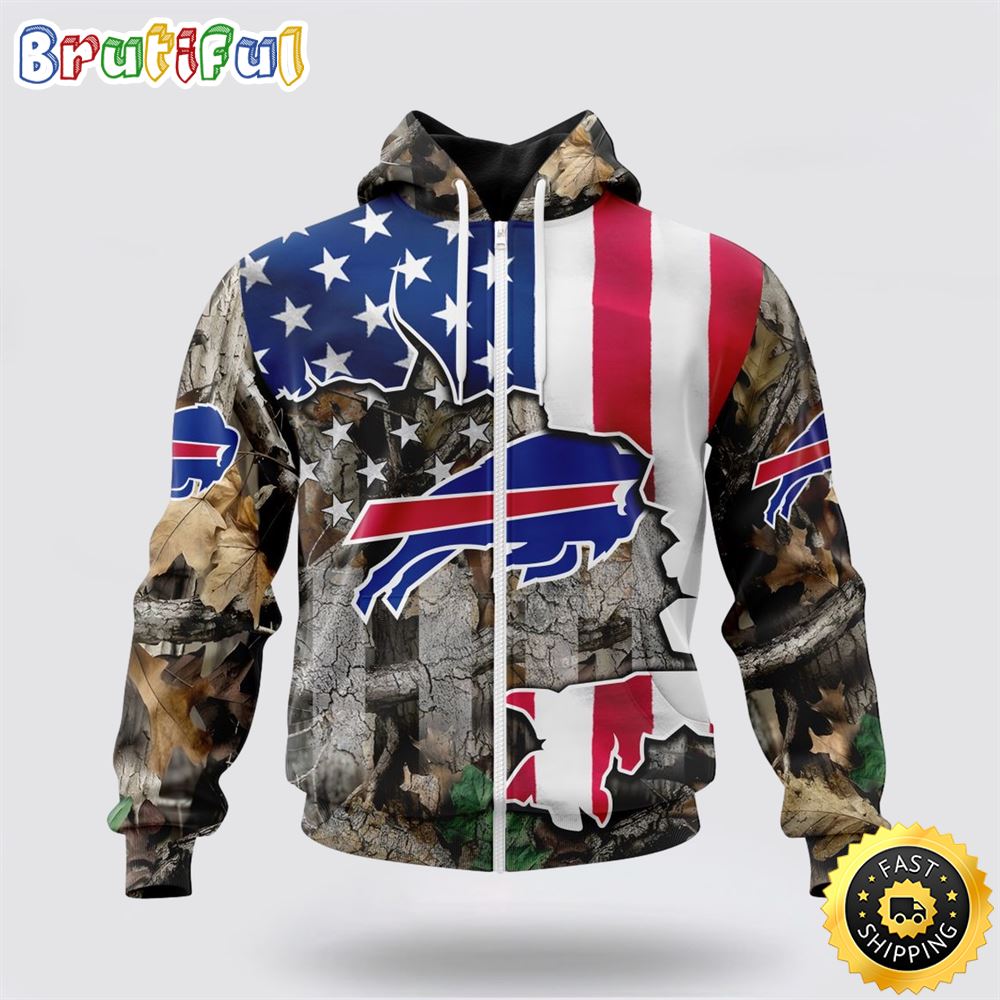 NFL Buffalo Bills All Over Print Zip Hoodie 3D USA Flag Camo Realtree Hunting Unisex Hoodie