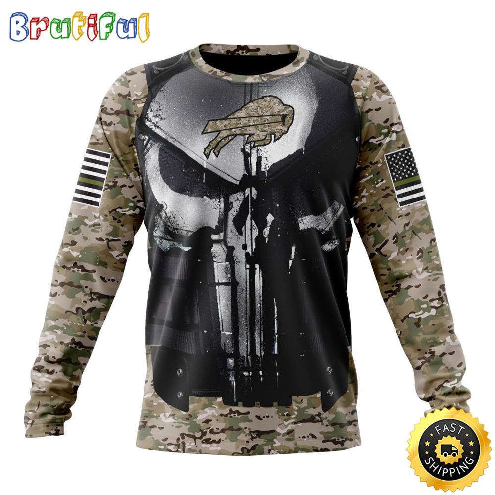 NFL Buffalo Bills Crewneck Sweatshirt Punisher Skull Camo Veteran Kits Represent Your Team