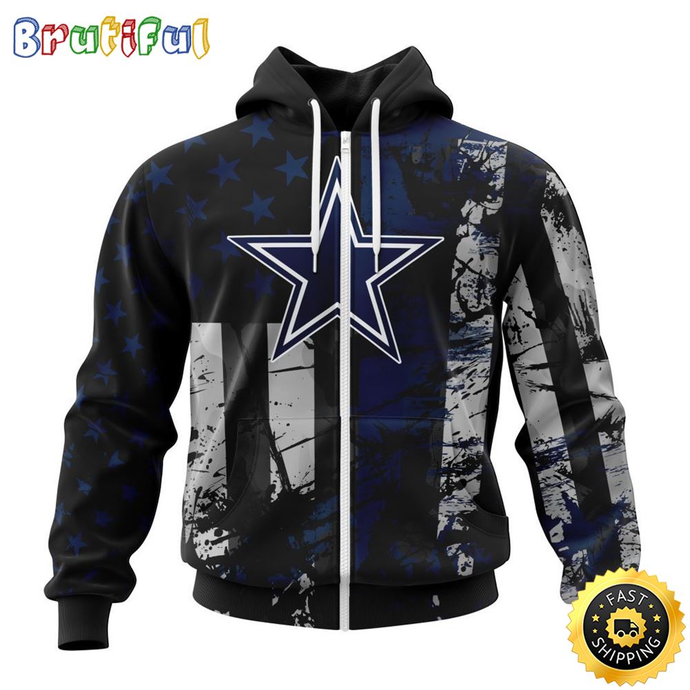 NFL Dallas Cowboys Zip Hoodie 3D Classic Grunge American Flag Stylish Warmth For Fans