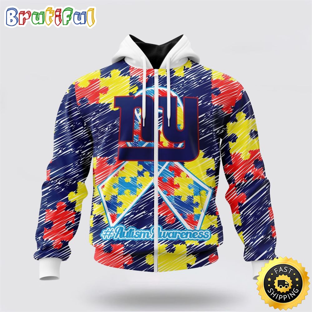 NFL New York Giants All Over Print Zip Hoodie 3D Puzzle Autism Awareness Unisex Zip Hoodie