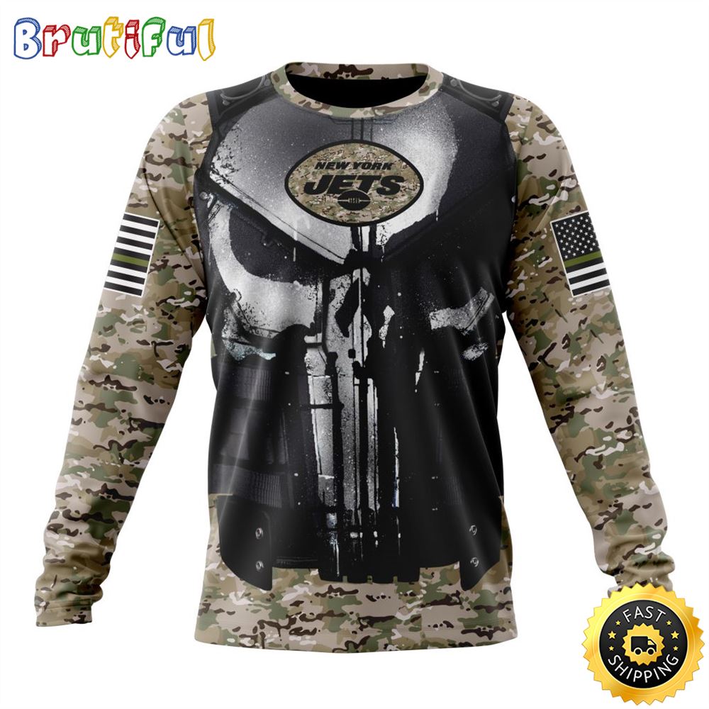 NFL New York Jets Crewneck Sweatshirt Punisher Skull Camo Veteran Kits Represent Your Team