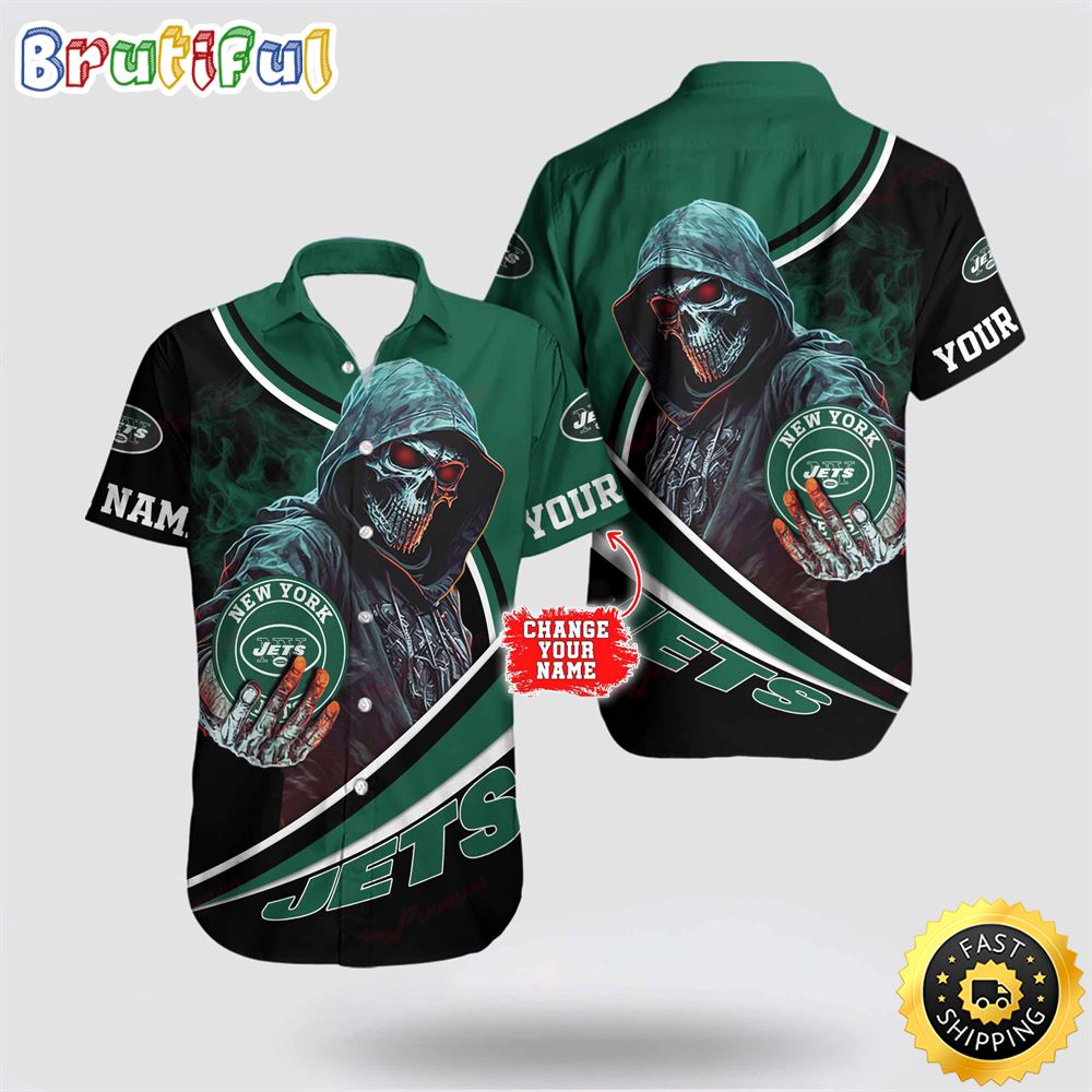 NFL New York Jets Hawaiian Shirt Custom Name Halloween Skull Tropical Team Spirit