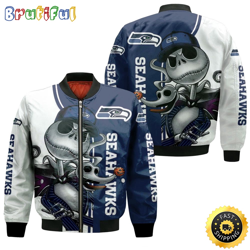 NFL Seattle Seahawks Bomber Jacket Jack Skellington And Zero