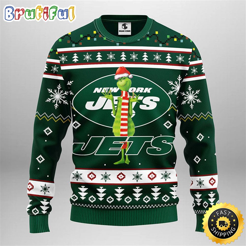 New York Jets Christmas Ugly Sweater Print Funny Grinch Show Your Team Spirit