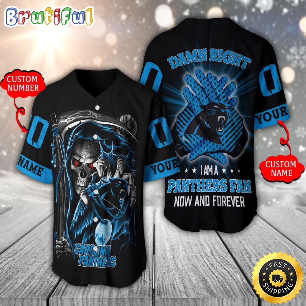 Personalized NFL Carolina Panthers Baseball Jersey Skull Damn Right