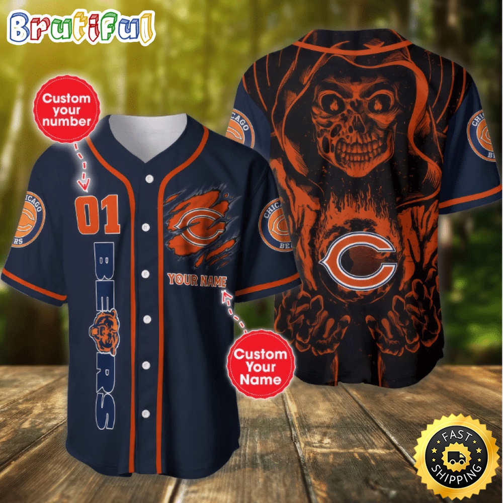 Personalized NFL Chicago Bears Baseball Jersey Art Skull