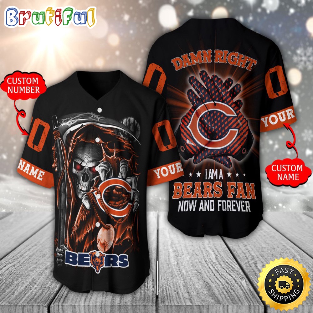 Personalized NFL Chicago Bears Baseball Jersey Skull Damn Right