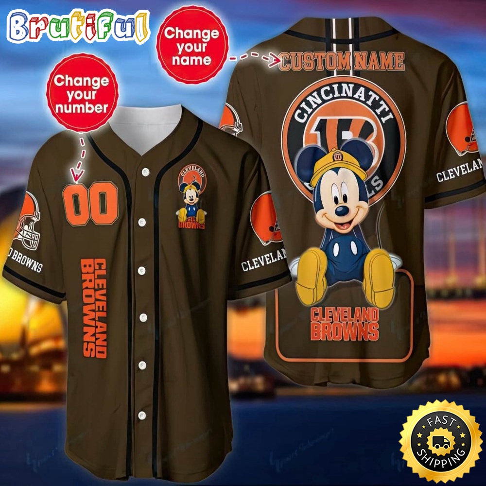 Personalized NFL Cleveland Browns Baseball Jersey Mickey Mouse
