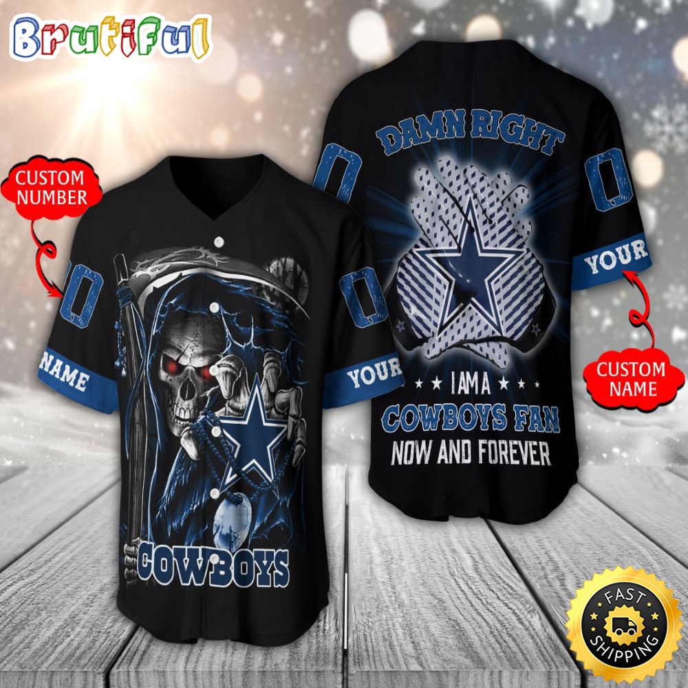 Personalized NFL Dallas Cowboys Baseball Jersey Skull Damn Right