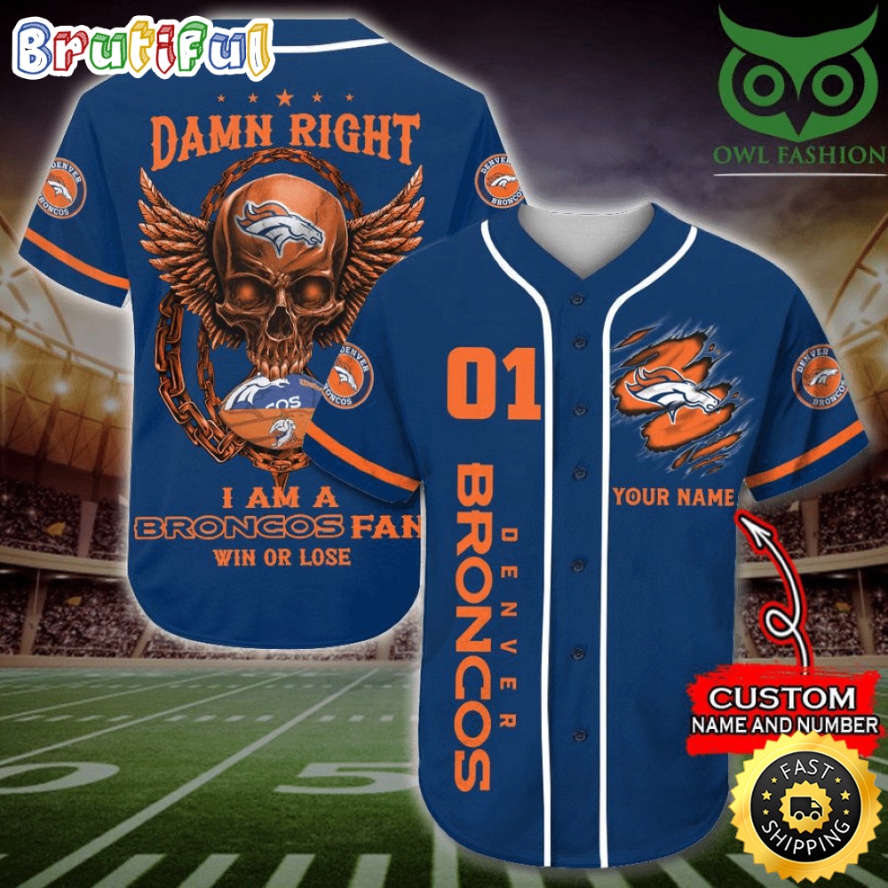 Personalized NFL Denver Broncos Baseball Jersey Art Skull