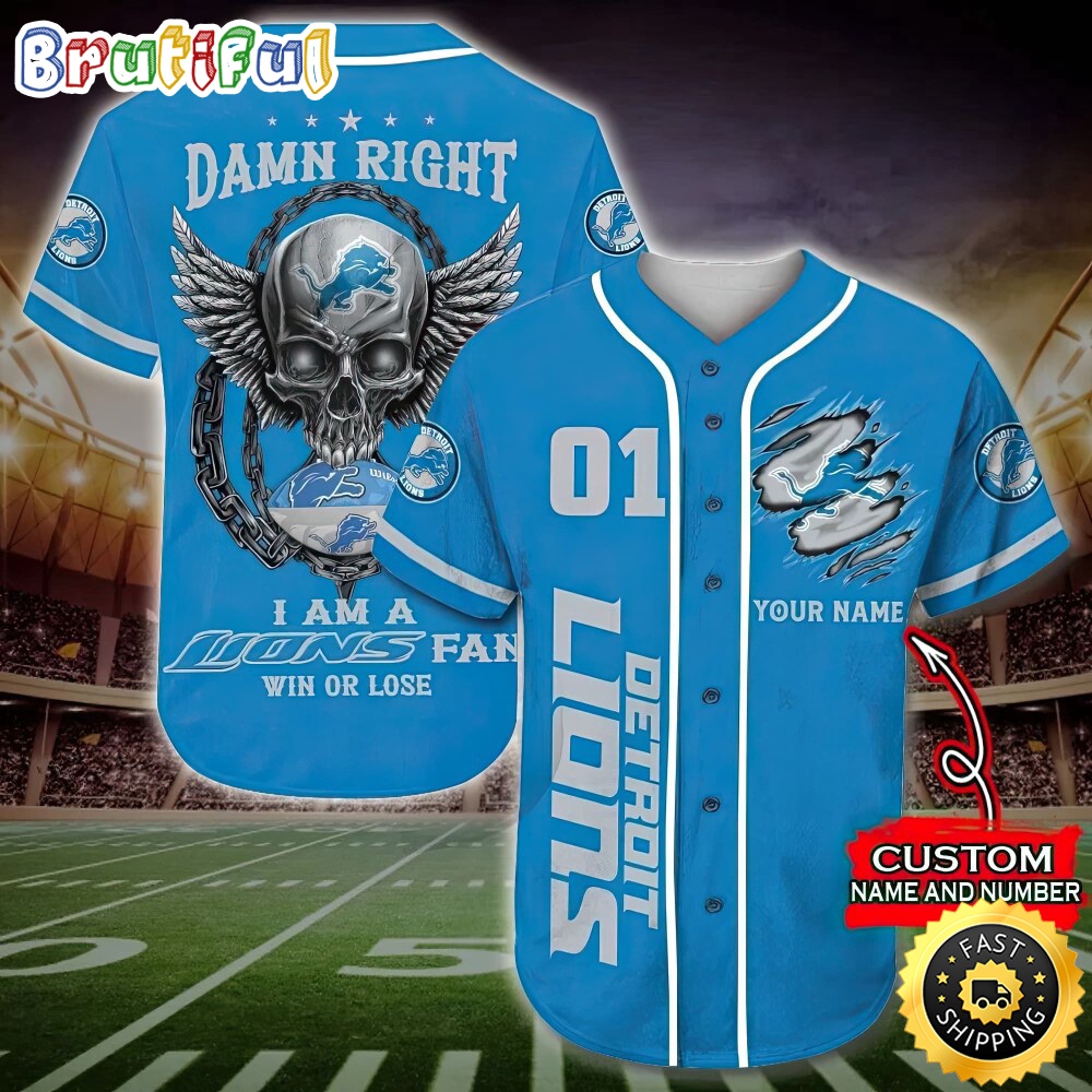 Personalized NFL Detroit Lions Baseball Jersey Art Skull