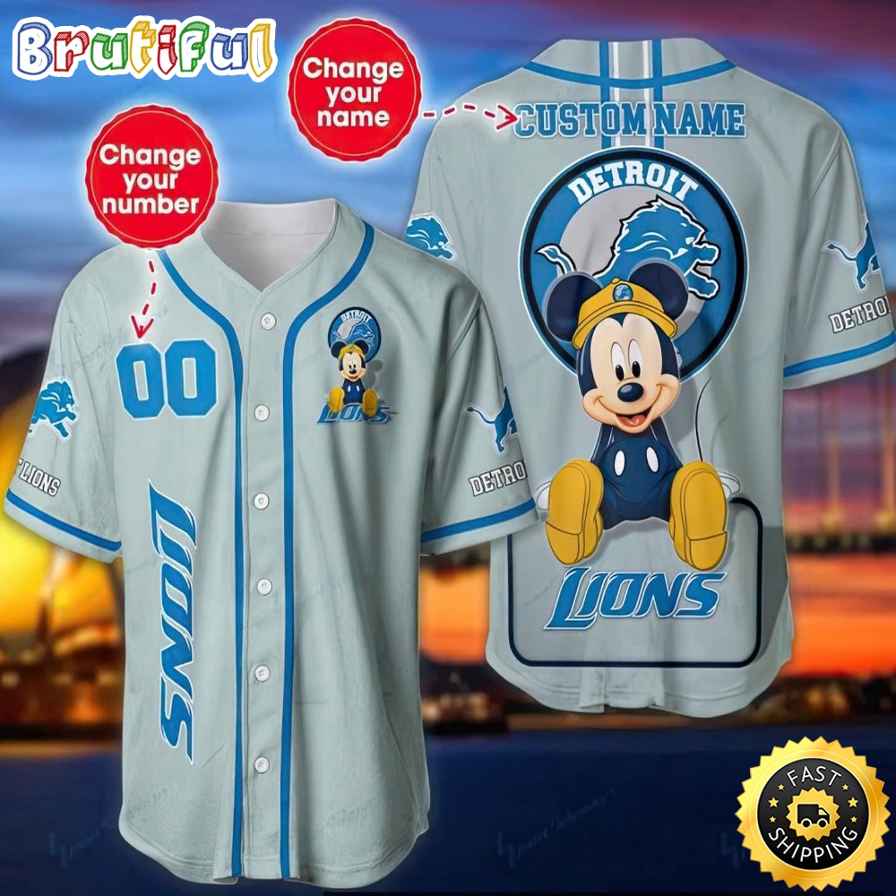 Personalized NFL Detroit Lions Baseball Jersey Mickey Mouse