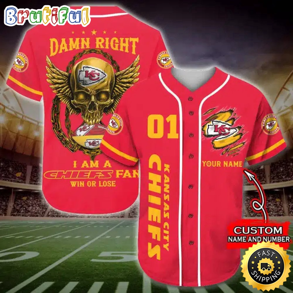 Personalized NFL Kansas City Chiefs Baseball Jersey Art Skull