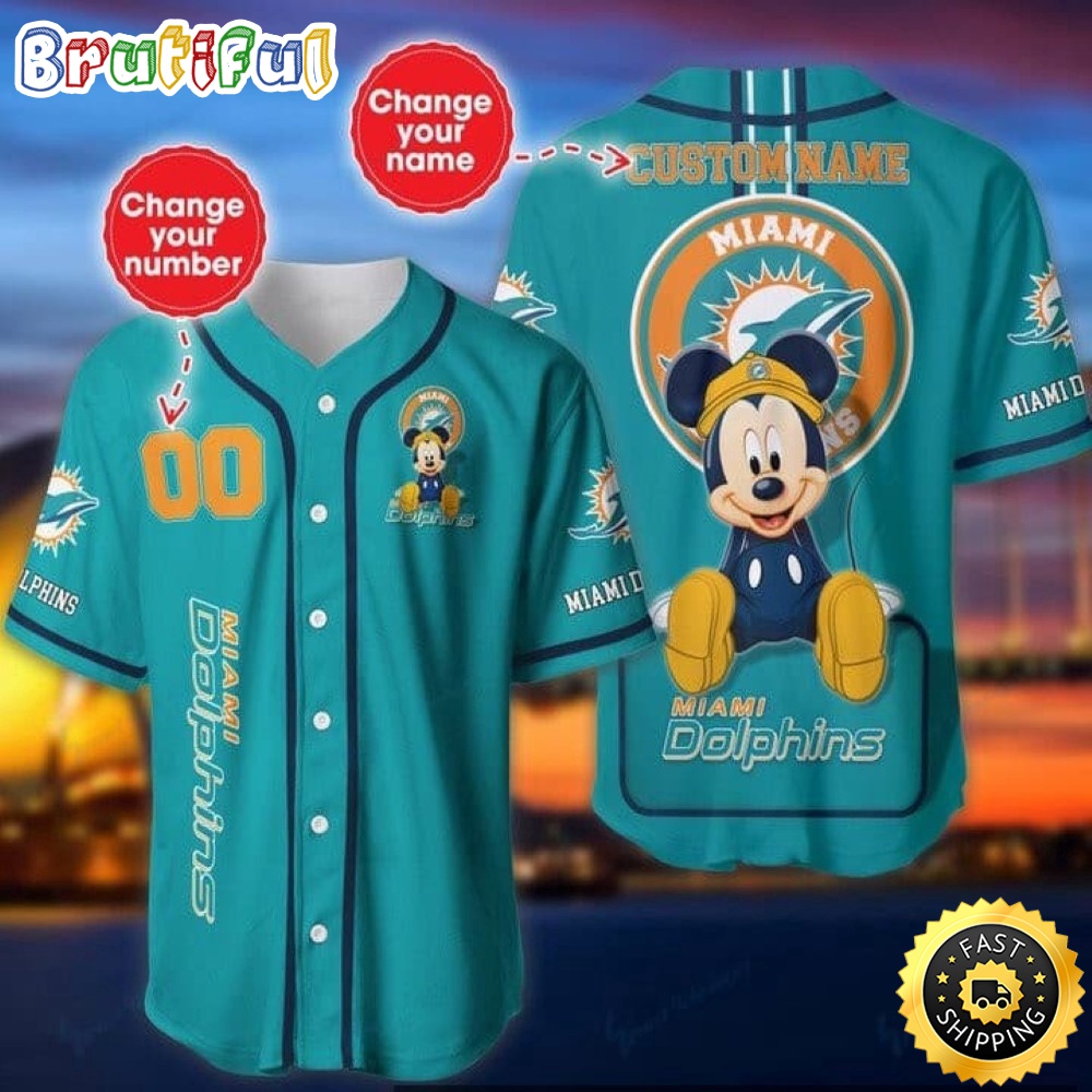 Personalized NFL Miami Dolphins Baseball Jersey Mickey Mouse
