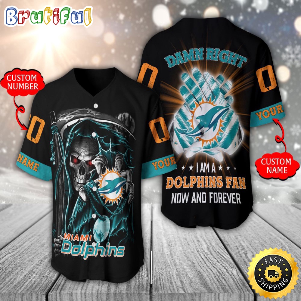 Personalized NFL Miami Dolphins Baseball Jersey Skull Damn Right