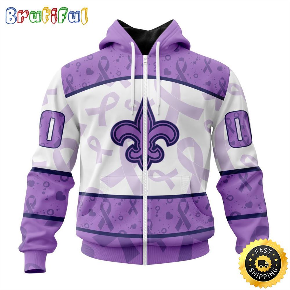 Personalized NFL New Orleans Saints All Over Print Zip Hoodie 3D Special Lavender Fights Cancer Unisex Tshirt