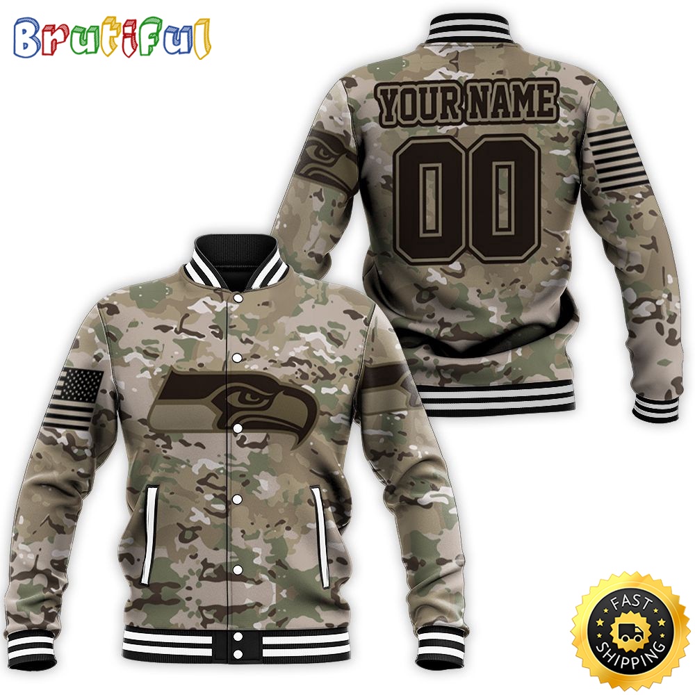 Personalized NFL Seattle Seahawks Baseball Jacket Camouflage Veteran