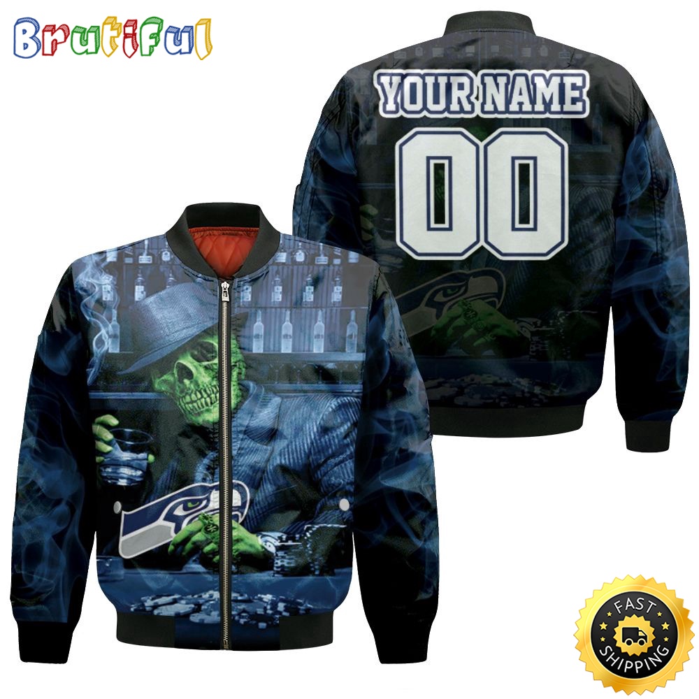 Personalized NFL Seattle Seahawks Bomber Jacket Skull Play Card