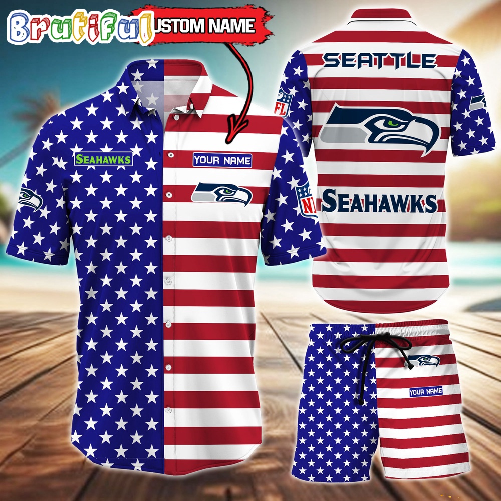 Seattle seahawks American Flag Hawaii Shirt, NFL Sport American Flag Hawaiian Shirt And Shorts Set Mens