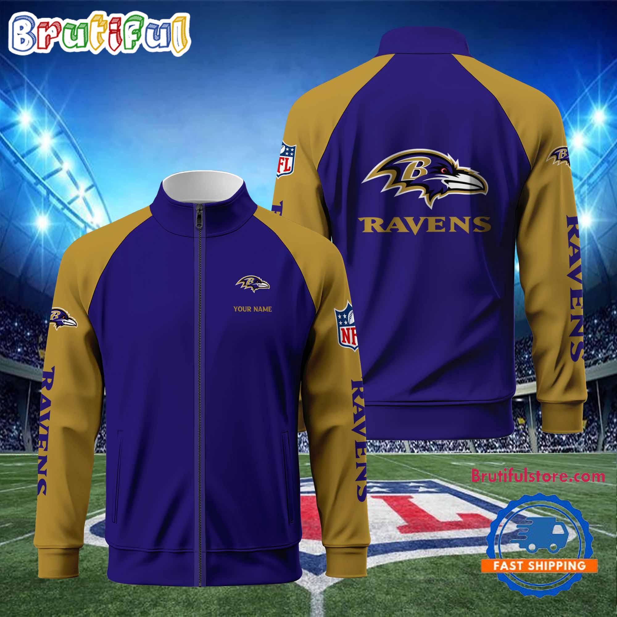 NFL Baltimore Ravens Football Team Custom Name Standing Neck Zipper Jacket